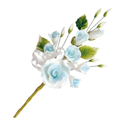 NON-EDIBLE CAKE DECORATION FLOWER BOUQUET 14cm 1pcs (white/blue roses).
